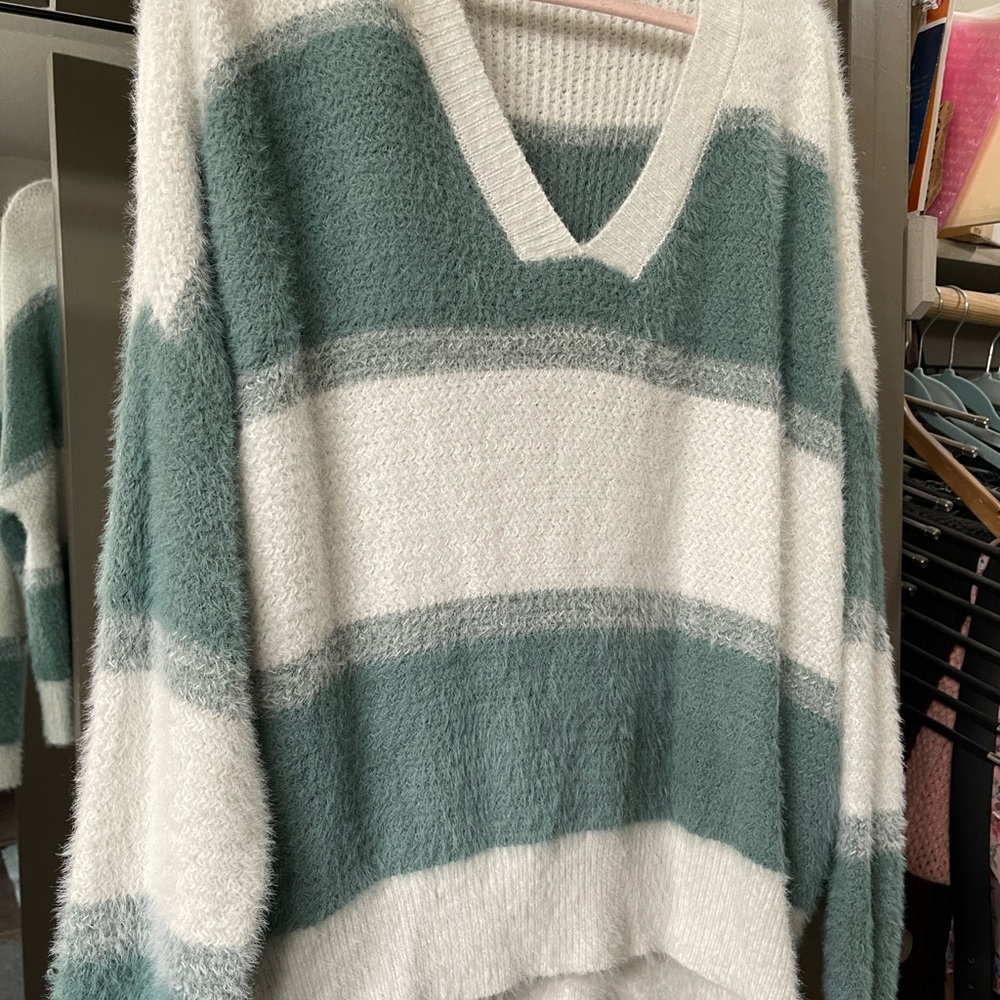 Staccato V-Neck Sweater - Teal and White Stripes- Super soft and Stretchy